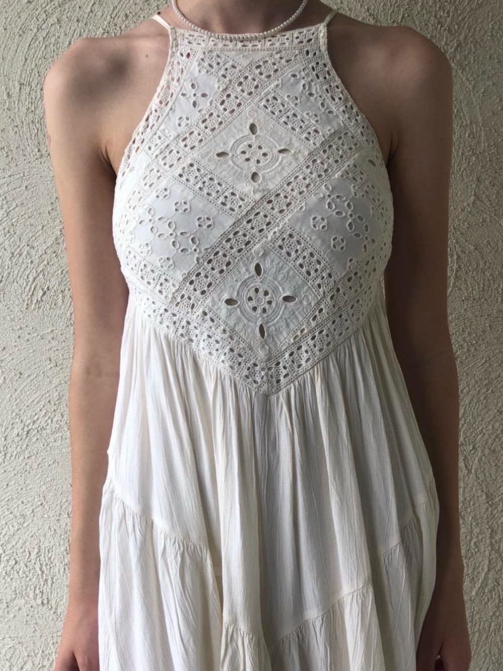 American Eagle Outfitters Boho Crochet Halter Mini Dress in Off-White Small